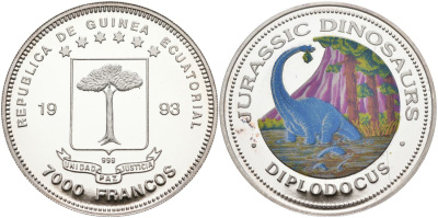 Экваториальная Гвинея 7000 франков 1993 серия ДИНОЗАВРЫ, ДИПЛОДОК, цветная эмаль KM 146 серебро PROOF 00-000-00
