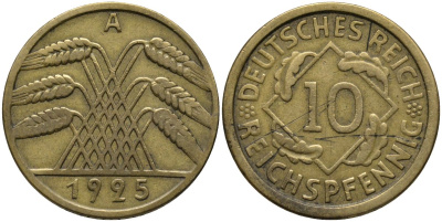 Германия 10 рейхспфеннигов 1925 A KM 40 алюминиевая бронза 4171-332