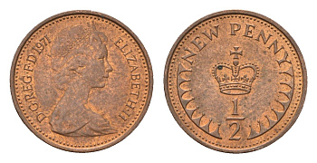 Великобритания 1/2 пенни 1971 Елизавета II (1952-2022) KM 914, Spink 4239 бронза UNC 4532-415