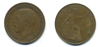 Великобритания 1 пенни 1920 Георг V (1910-1936) КМ 810, Spink 4051 бронза 4110-222