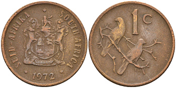 ЮАР 1 цент 1972 герб, капские воробьи KM 82 бронза 4115-166