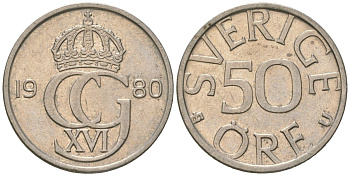 Швеция 50 эре 1980 U, Карл XVI Густав (1973-) KM 855 медно-никель UNC 4617-1154