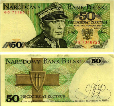 Польша 50 злотых 1988 Кароль Сверчевский, знак Грюнвальдского ордена Pick 142 c бумага аUNC 8607-73-1-1