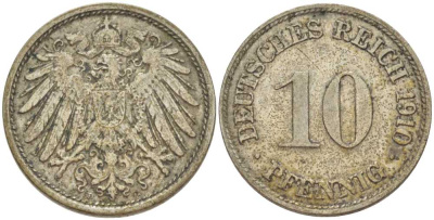 ГЕРМАНИЯ 10 ПФЕННИГОВ 1910 D KM 12, J. 13, Weege 8 медно-никель 212-132