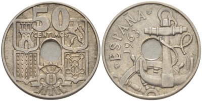 ИСПАНИЯ 50 СЕНТИМО 1963 (65) ФРАНСИСКО ФРАНКО ДИКТАТОР ИСПАНИИ ( 1939- 1975) , МОРСКАЯ АТРИБУТИКА KM 777 медно-никель 216-532