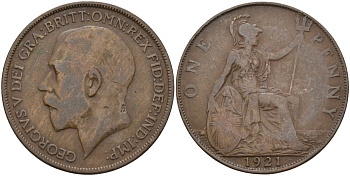 Великобритания 1 пенни 1921 Георг V (1910-1936) KM 810, Spink 4051 бронза 4144-512