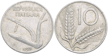 ИТАЛИЯ 10 ЛИР 1955 R, КОЛОСЬЯ, ПЛУГ KM 93 алюминий 4551-155
