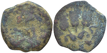 Иудея, династия Ирода прута 41/42 год Агриппа I, греческая легенда 'царь Агриппа', зонт / три хлебных колоса, дата (6-й год правления), Иерусалим Hendin 1244 медь 1073-21-46