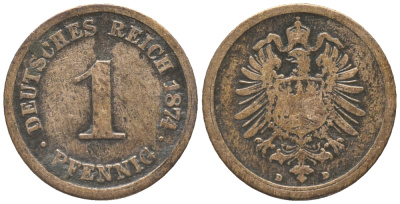 ГЕРМАНИЯ 1 ПФЕННИГ 1874 D, СТАРОГЕРБОВКА KM 1, J. 1 медь 100-857