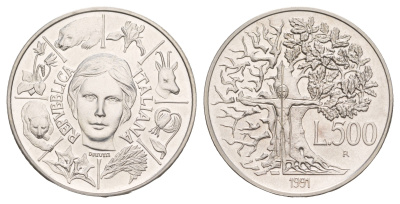 Италия 500 лир 1991 Флора и фауна KM 143 серебро BU 413-6323