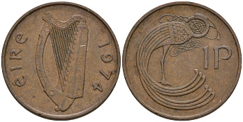 Ирландия 1 пенни 1974 мифологическая птица лира KM 20 бронза 4146-421