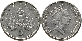 Великобритания 5 пенсов 1990 Елизавета II (1952-2022) KM 937b, Spink 4372 (D4) медно-никель 99-1063