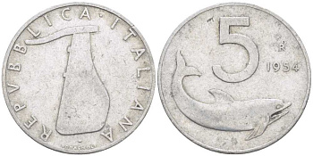 ИТАЛИЯ 5 ЛИР 1954 R, РУЛЬ, ДЕЛЬФИН KM 92 алюминий 175-121