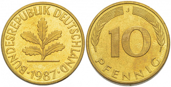 ФРГ 10 ПФЕННИГОВ 1987 J KM 108, J.383 сталь плакированная латунью 3996-713