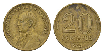 Бразилия 20 сентаво 1945 Жетулиу Варгас KM 556a алюминиевая бронза 4625-939