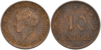 Люксембург 10 сантимов 1930 Шарлотта (1918-1964) KM 41 бронза 4577-237