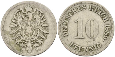 Германия 10 пфеннигов 1889 F, старогарбовка KM 4, Jager 4, Weege 7 медно-никель 4401-335
