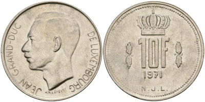 Люксембург 10 франков 1971 Великий герцог Жан (1964-2000) KM 57 никель 4120-1134