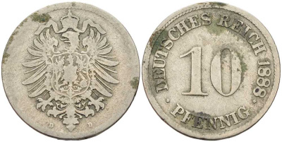 ГЕРМАНИЯ 10 ПФЕННИГОВ 1888 D, СТАРОГЕРБОВКА KM 4, J. 4 медно-никель 4401-332