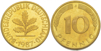 ФРГ 10 ПФЕННИГОВ 1987 J KM 108, J.383 сталь плакированная латунью 3996-713