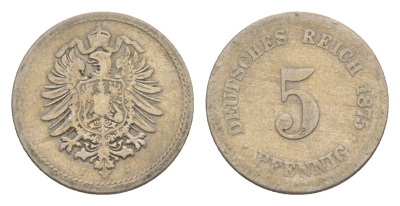 Германия 5 пфеннигов 1875 J, Вильгельм I (1871-1888) KM 3, J. 3, Weege 5 медно-никель 4639-1248