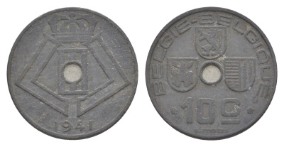 Бельгия 10 сантимов 1941 Belgie - Belgique, Леопольд III (1934-1947), германская оккупация, Вторая мировая война KM 126 цинк 4639-111