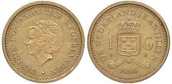 Нидерландские Антилы 1 гульден 1990 Беатрикс (1980-2013) KM 37 позолоченная сталь 25-2013