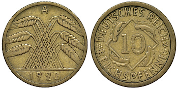 Германия 10 рейхспфеннигов 1925 A KM 40, J. 317 алюминиевая бронза 4121-912
