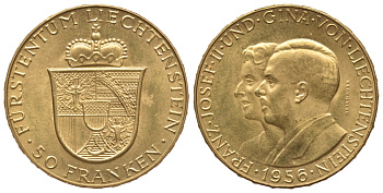 Лихтенштейн 50 франков 1956 ПРИНЦ ФРАНЦ ИОСИФ II И ПРИНЦЕССА KM 16 золото UNC 00-000-00