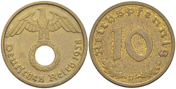 ГЕРМАНИЯ 10 РЕЙХСПФЕННИГОВ 1938 D KM 92, J. 364 алюминиевая бронза 261-1042