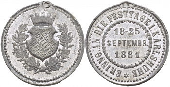 ШВЕЦИЯ СУВЕНИРНАЯ МЕДАЛЬ 1881 В ПАМЯТЬ О ПРАЗДНИЧНЫХ ДНЯХ 18-25 СЕНТЯБРЯ 1881 В КАРЛСРУЭ, ЗА ВЕРНОСТЬ, ДИАМЕТР 31 ММ., ВЕС 13,33 ГР., С ОТВЕРСТИЕМ ДЛЯ НОШЕНИЯ цинк 4537-713