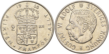 Швеция 2 кроны 1955 TS, Густав VI Адольф (1950-1973) KM 827 серебро 4149-123