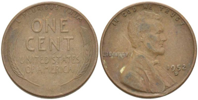 США 1 ЦЕНТ 1952 D, ЛИНКОЛЬН KM А132 медь цинк 3309-965