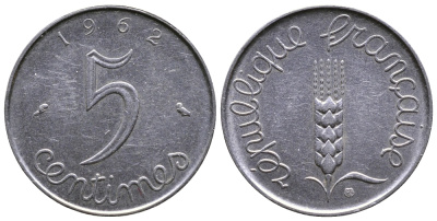 ФРАНЦИЯ 5 САНТИМОВ 1962 KM 927 хромированная сталь 26-962