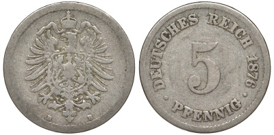 Германия 5 пфеннигов 1876 B, старогербовка KM 3, J. 3 медно-никель 51-3057