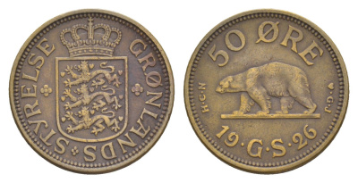 Гренландия 50 эре 1926 NCN; CJ, медведь, датская колония, Кристиан X (1912-1947) KM 7 алюминиевая бронза 441-625