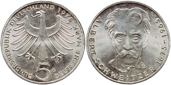 ФРГ 5 марок 1975 G, 100 лет со дня рождения Альберта Швейцара KM 143, J.418 серебро aUNC 1522-314