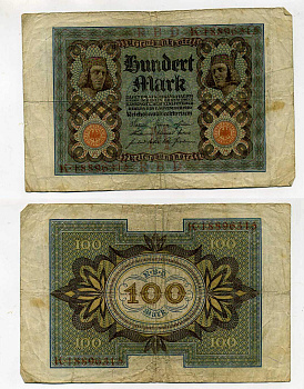 Германия 100 марок 1920 Бамбергский всадник, 8 цифр в номере Pick 69 b, Розенберг 69b бумага 8619-37-2-1