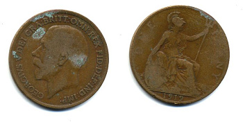 Великобритания 1 пенни 1919 Георг V (1910-1936) KM 810, Spink 4051 бронза 47-221