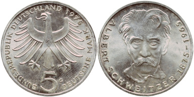 ФРГ 5 марок 1975 G, 100 лет со дня рождения Альберта Швейцара KM 143, J.418 серебро aUNC 1522-314