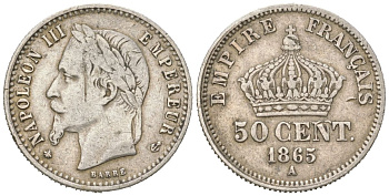Франция 50 сантимов 1865 A, Наполеон III (1852-1870) KM 814.1 серебро 4617-747