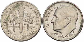 США 10 ЦЕНТОВ = 1 ДАЙМ 1971 D, РУЗВЕЛЬТ KM 195а медь плакированная медно-никелем 105-653