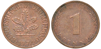 ФРГ 1 пфенниг 1974 J KM 105, J.380 сталь плакированная медью 4174-446