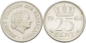 НИДЕРЛАНДЫ 25 ЦЕНТОВ 1964 ЮЛИАНА (1948-1980) KM 183 никель 214-939