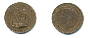 Великобритания 1/2 пенни 1944 Георг VI (1936-1952) KM 844, Spink 4115 бронза 59-1031