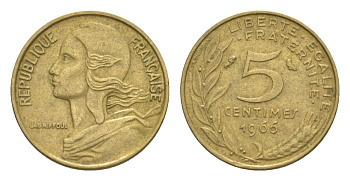 Франция 5 сантимов 1966 тип Morlon KM 933, Le Franc 125.2 алюминиевая бронза 4630-319