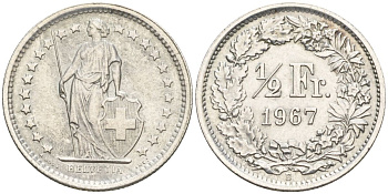 Швейцария 1/2 франка 1967 B KM 23 серебро 4608-525