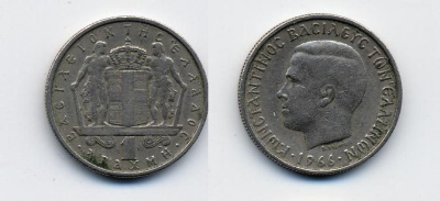 ГРЕЦИЯ 1 ДРАХМА 1966 КОНСТАНТИН II (1964-1973) KM 89 медно-никель 41-1127