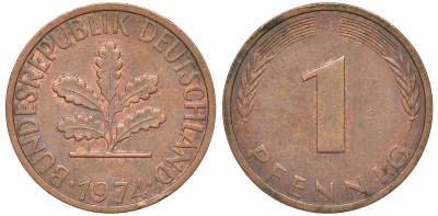 ФРГ 1 пфенниг 1974 J KM 105, J.380 сталь плакированная медью 4174-446