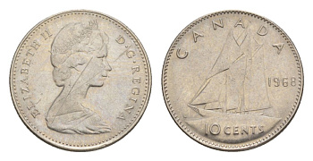 Канада 10 центов 1968 Елизавета II (1952-2022), парусник KM 73 никель 4630-817